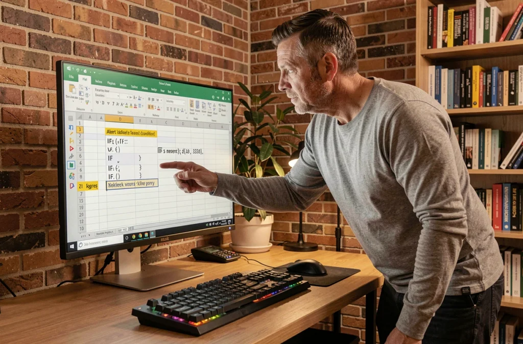 Homme en télétravail configurant une alerte conditionnelle dans Excel pour détecter du texte dans une cellule